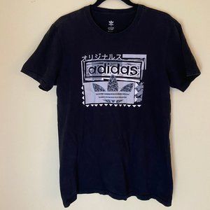 adidas Black and Gray short sleeve tee with Japanese characters in S